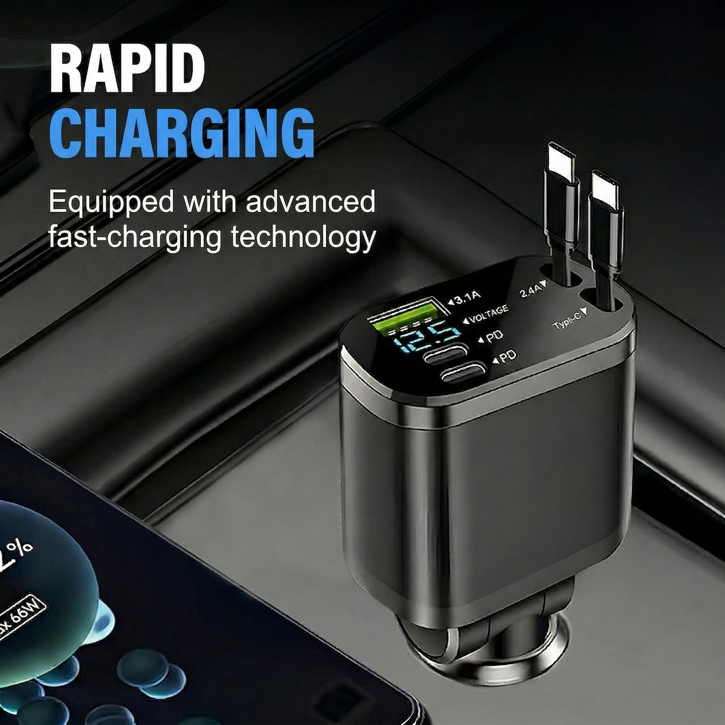 Avasoma®  |Retractable Dual-Port Fast Car Charger ⚡Multi-Cable Support (Type-C & Apple) 🔌
