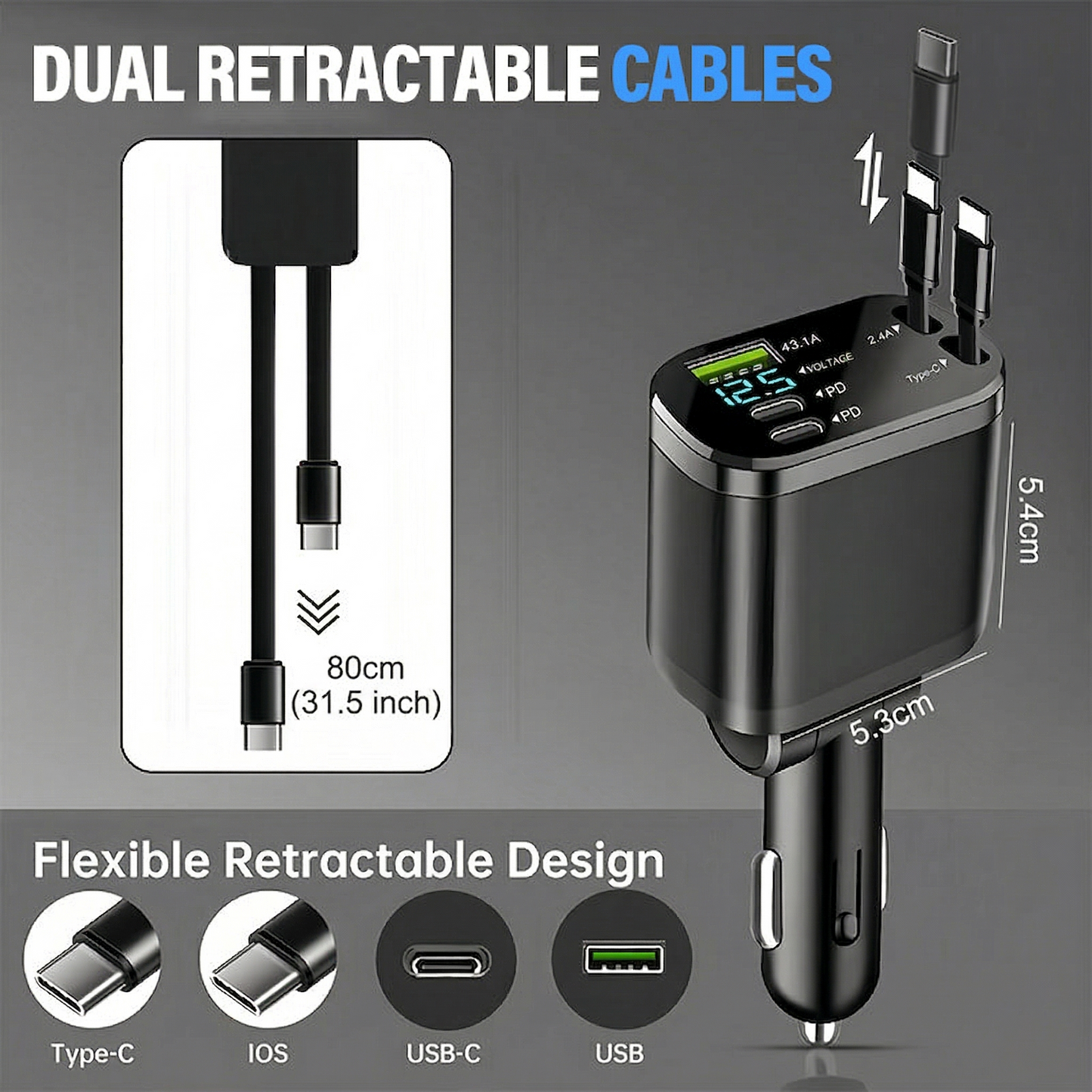 Avasoma®  |Retractable Dual-Port Fast Car Charger ⚡Multi-Cable Support (Type-C & Apple) 🔌