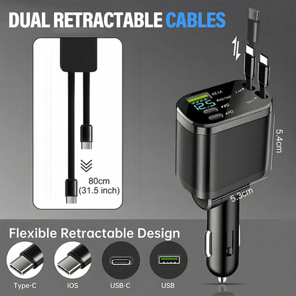 Avasoma®  |Retractable Dual-Port Fast Car Charger ⚡Multi-Cable Support (Type-C & Apple) 🔌