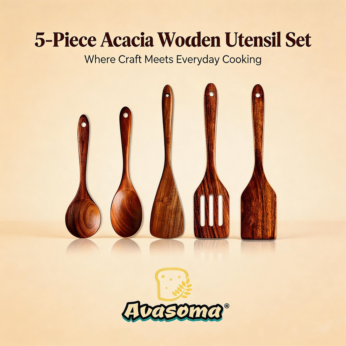 Avasoma® Wooden Cooking Utensil Set — 5-Piece Acacia Kitchen Tools