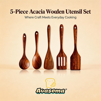 Avasoma® Wooden Cooking Utensil Set — 5-Piece Acacia Kitchen Tools