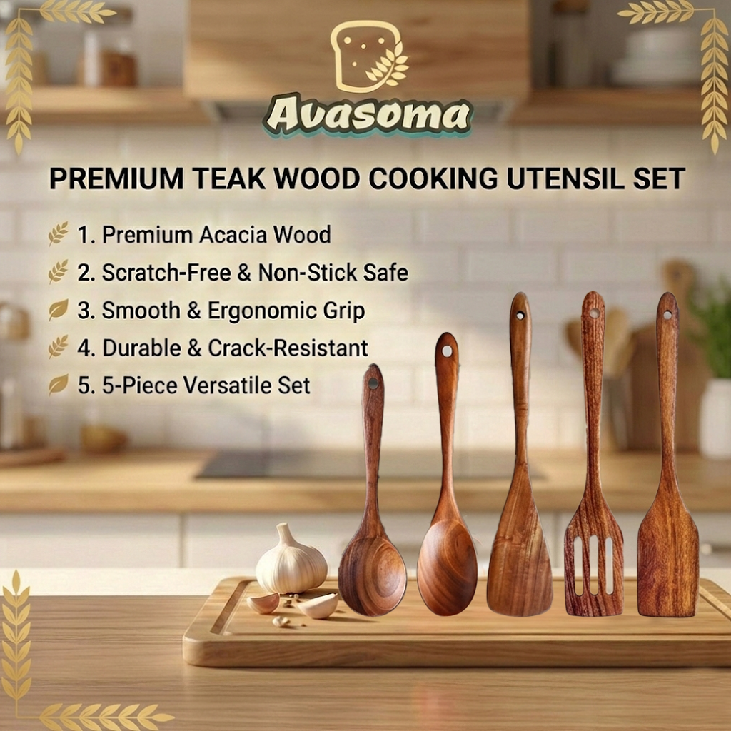 Avasoma® Wooden Cooking Utensil Set — 5-Piece Acacia Kitchen Tools