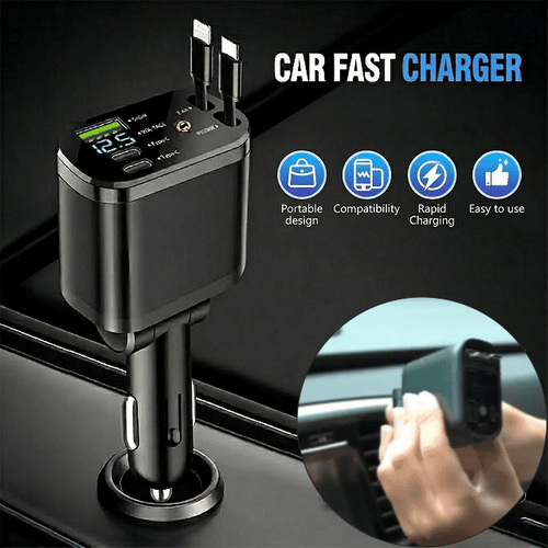 Avasoma®  |Retractable Dual-Port Fast Car Charger ⚡Multi-Cable Support (Type-C & Apple) 🔌