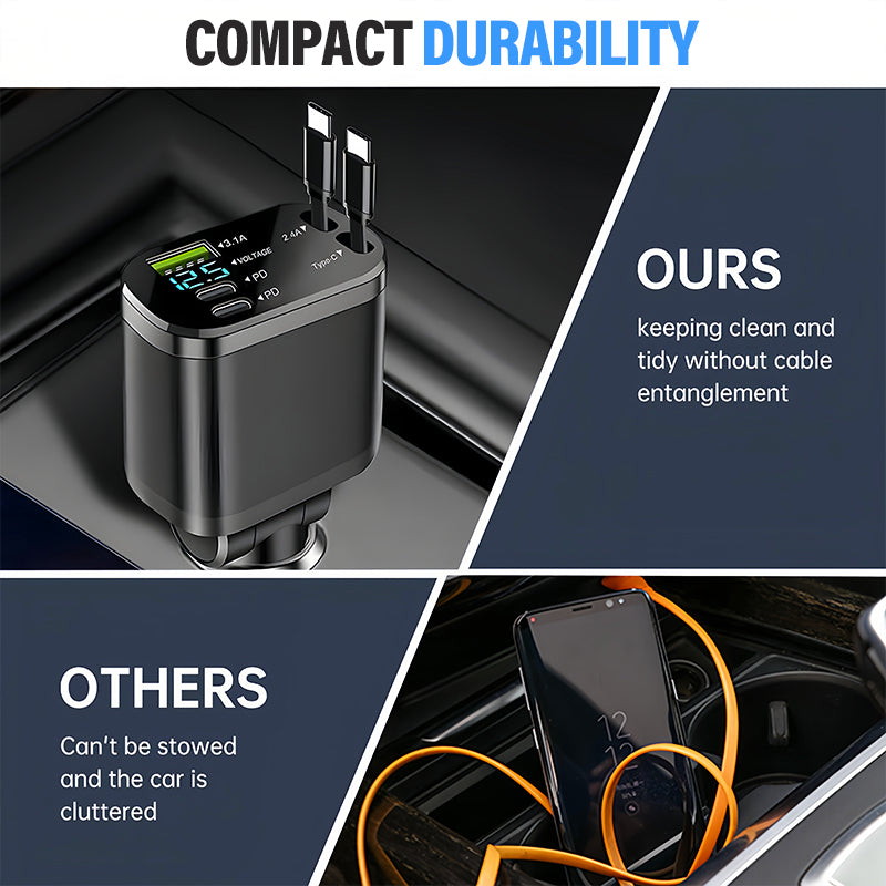Avasoma®  |Retractable Dual-Port Fast Car Charger ⚡Multi-Cable Support (Type-C & Apple) 🔌