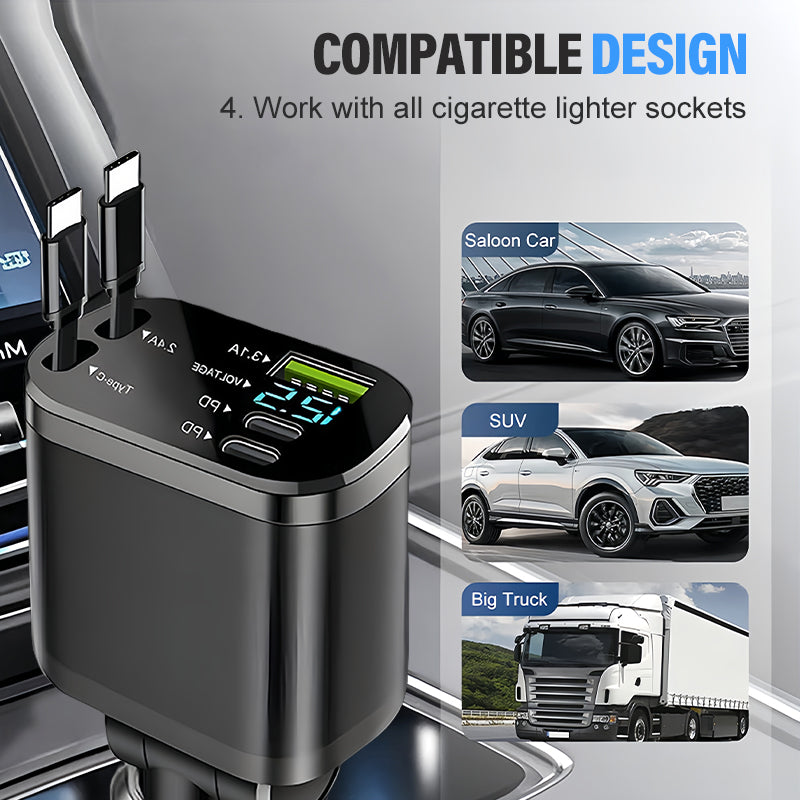 Avasoma®  |Retractable Dual-Port Fast Car Charger ⚡Multi-Cable Support (Type-C & Apple) 🔌